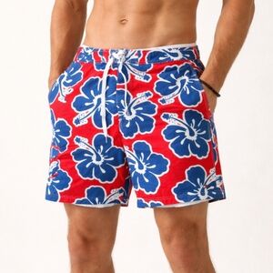Tommy Hilfiger Men’s Hibiscus Floral Board Shorts Swim Trunks Red Blue XL